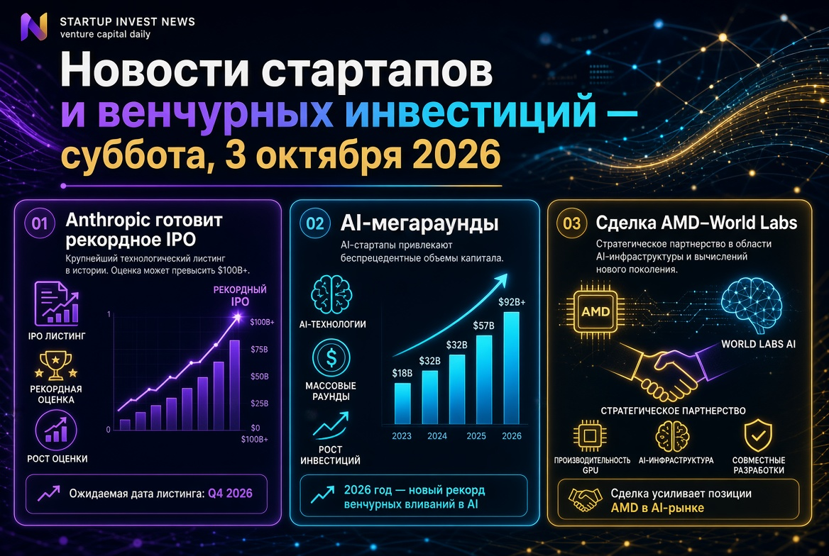 Noticias de startups y inversiones de capital de riesgo - sábado, 3 de octubre de 2026: Anthropic prepara una IPO récord, grandes rondas de financiamiento en IA y acuerdo AMD–World Labs