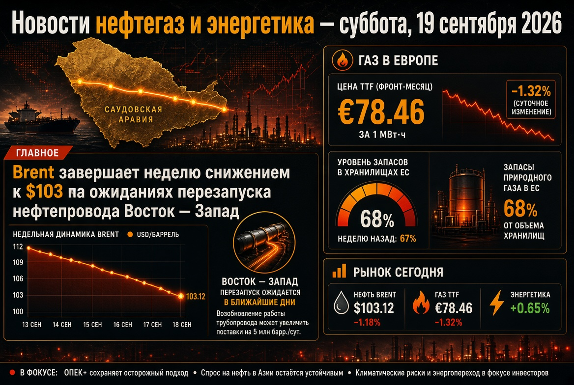 Noticias petróleo y energía - sábado 19 de septiembre de 2026: Brent finaliza la semana en descenso a $103 por expectativas de reinicio del oleoducto Este-Oeste, gas en Europa alrededor de €78 con reservas del 68%