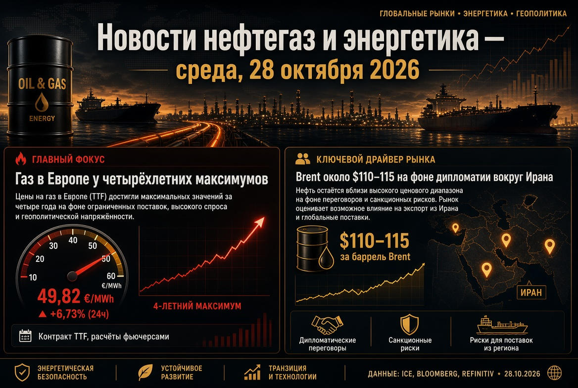 Novedades en petróleo y energía – miércoles, 28 de octubre de 2026: gas en Europa en máximos de cuatro años, Brent alrededor de $110–115 en medio de la diplomacia en torno a Irán.