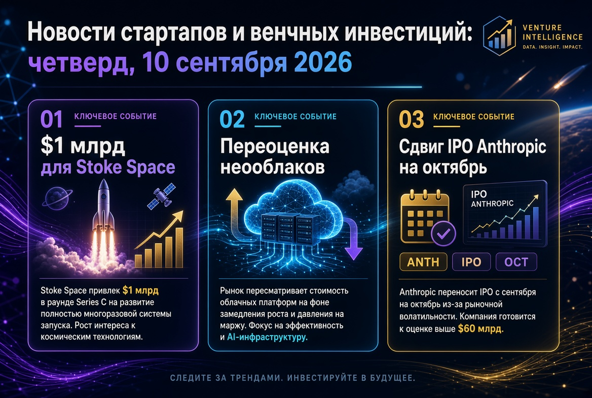 Noticias de startups y capital de riesgo: jueves, 10 de septiembre de 2026 — $1 mil millones para Stoke Space, revisión de las neo-nubes y traslado de la OPI de Anthropic a octubre