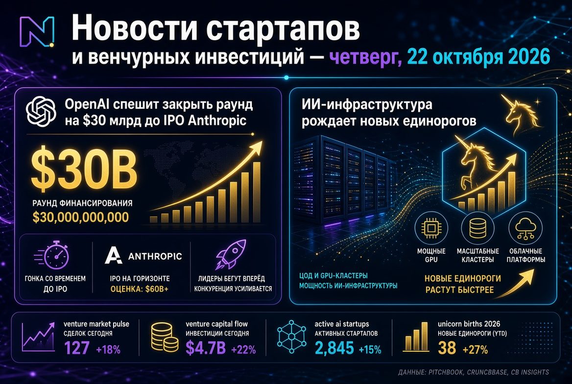 Noticias de startups e inversiones de capital de riesgo — jueves, 22 de octubre de 2026: OpenAI se apresura a cerrar una ronda de $30 mil millones antes del IPO de Anthropic, mientras la infraestructura de IA da lugar a nuevos unicornios.