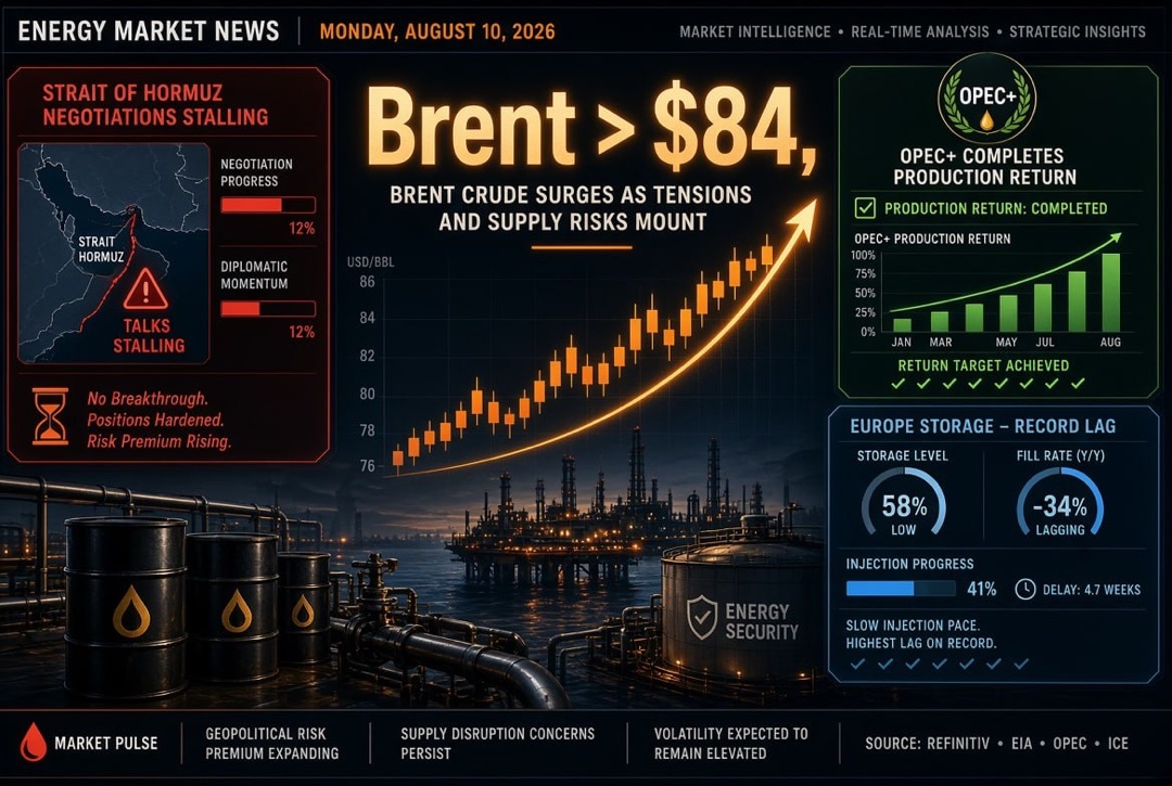 Noticias de petróleo y energía — lunes, 10 de agosto de 2026: las negociaciones sobre el estrecho de Ormuz estancadas, Brent por encima de $84, OPEP+ finalizó el retorno de producción, Europa llena almacenes con un retraso récord