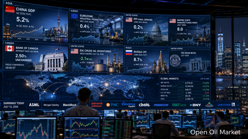 Mercados mundiales 15 de julio de 2026: PIB de China, PPI de EE. UU., Banco de Canadá, reservas de petróleo EIA e informes de ASML, Morgan Stanley y BlackRock.