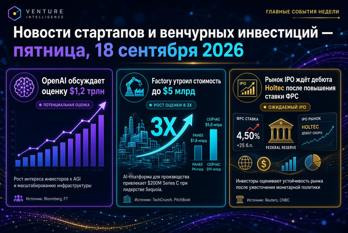 Noticias sobre startups y capital de riesgo — viernes, 18 de septiembre de 2026: OpenAI discute valoración de $1.2 billones, Factory triplica su valor a $5 billones, el mercado de IPO espera el debut de Holtec tras el aumento de tasas de la Fed.