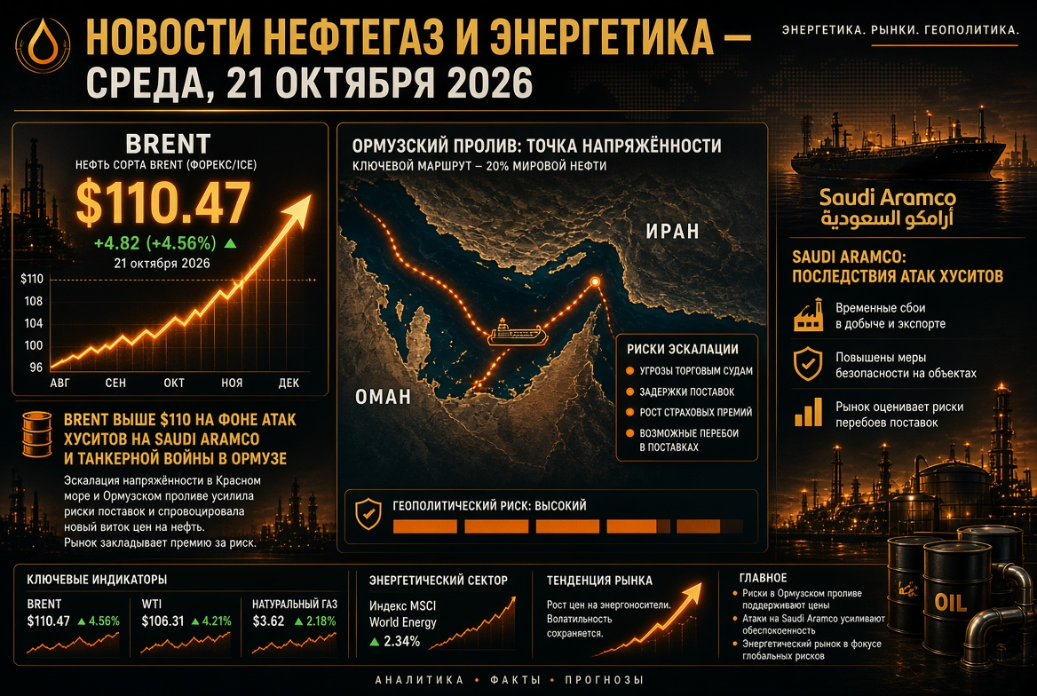 Noticias de petróleo y gas y energía — miércoles, 21 de octubre de 2026: Brent supera $110 en medio de ataques de los hutíes a Saudi Aramco y la guerra de tanqueros en Ormuz