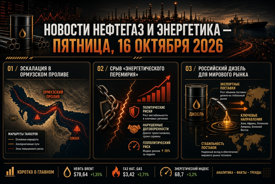 Noticias de petróleo y gas y energía - viernes, 16 de octubre de 2026: escalación en el estrecho de Ormuz, ruptura del "cese del fuego energético" y diésel ruso para el mercado mundial.