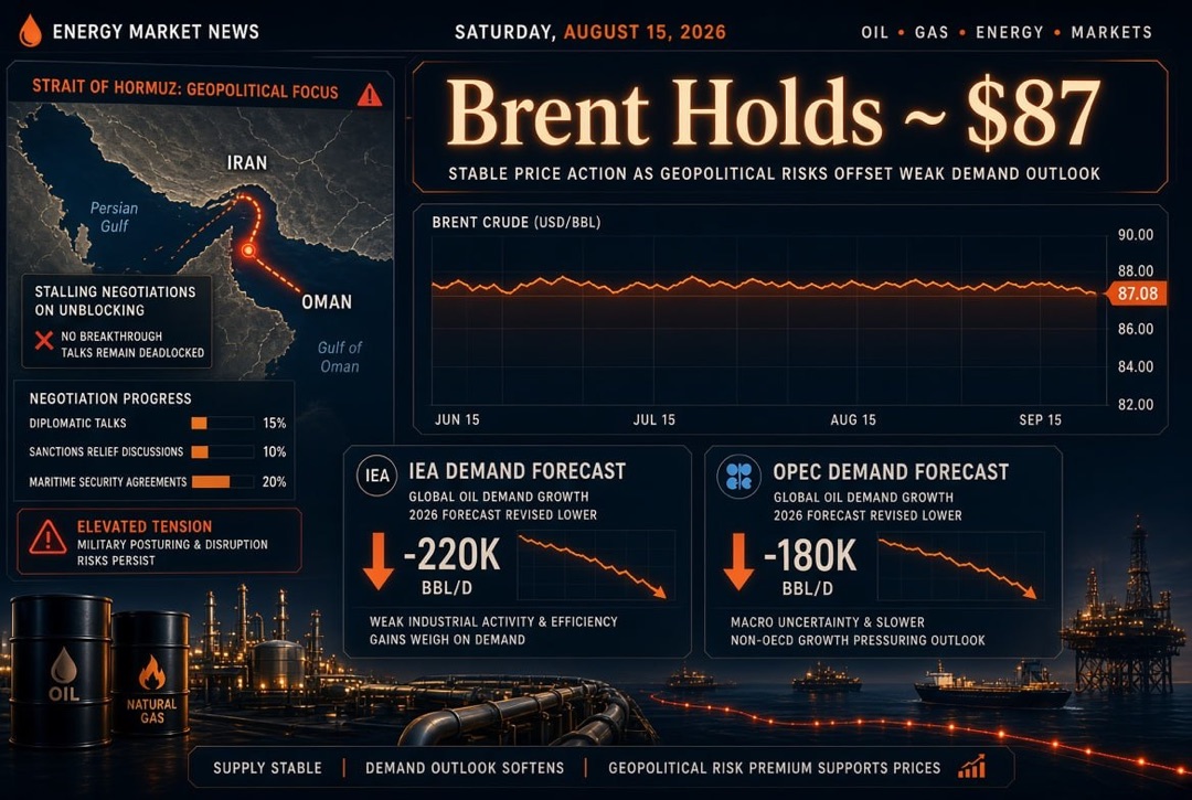 Noticias de petróleo y energía — sábado, 15 de agosto de 2026: Brent se mantiene en $87 en medio de negociaciones estancadas sobre la desbloqueo del estrecho de Ormuz; AIE y OPEP reducen pronósticos de demanda