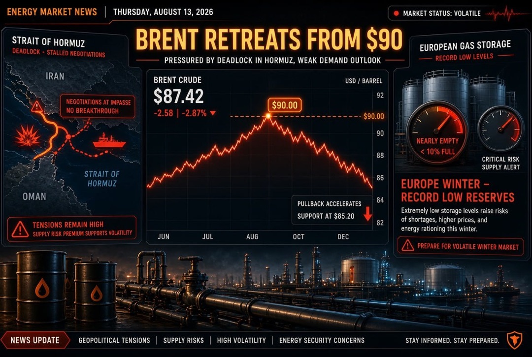 Noticias de petróleo y energía - jueves, 13 de agosto de 2026: Brent retrocede de $90 en medio de un estancamiento en el estrecho de Ormuz; Europa entra al invierno con reservas de gas históricamente bajas.