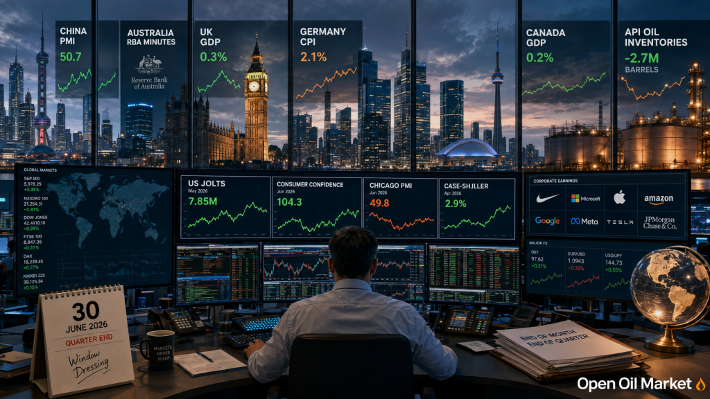 Eventos económicos e informes corporativos 30 de junio de 2026: PMI de China, CPI de Alemania, JOLTS de EE. UU., reportes de Nike y reservas de petróleo API