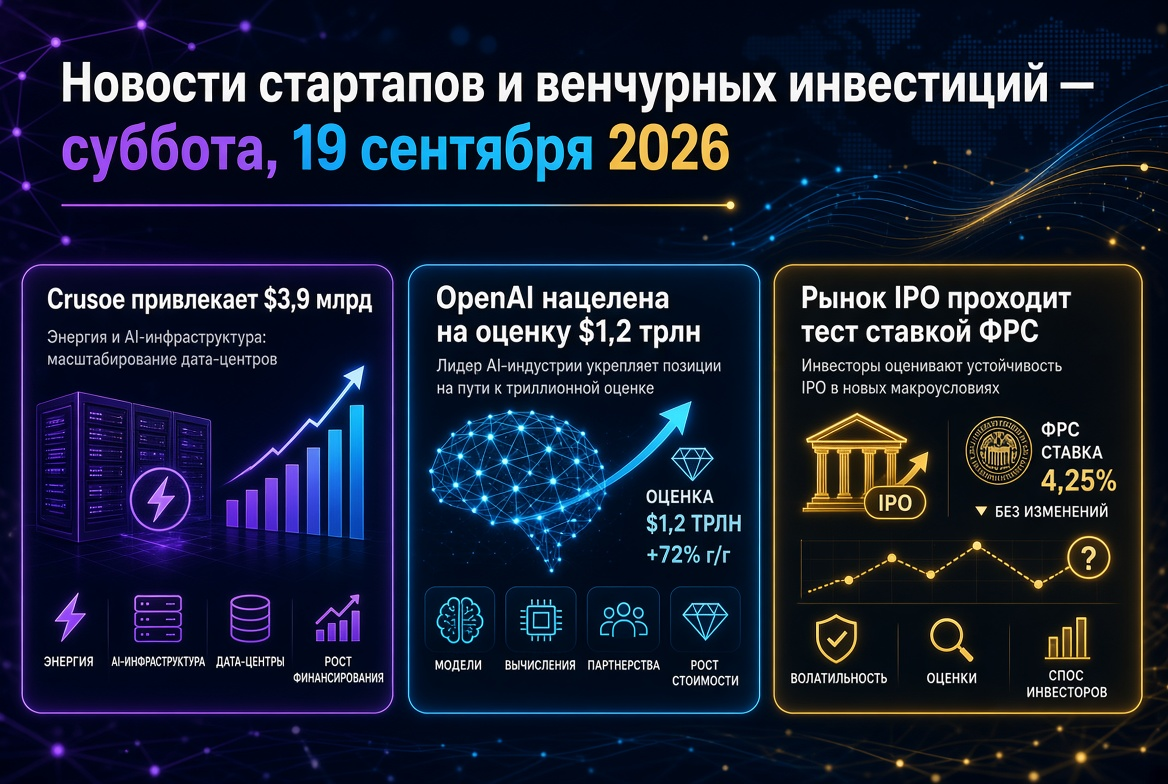 Noticias de startups y capital de riesgo — sábado, 19 de septiembre de 2026: Crusoe recauda $3,9 mil millones, OpenAI se dirige a una valoración de $1,2 billones, el mercado de IPO enfrenta pruebas de la tasa de la Reserva Federal.