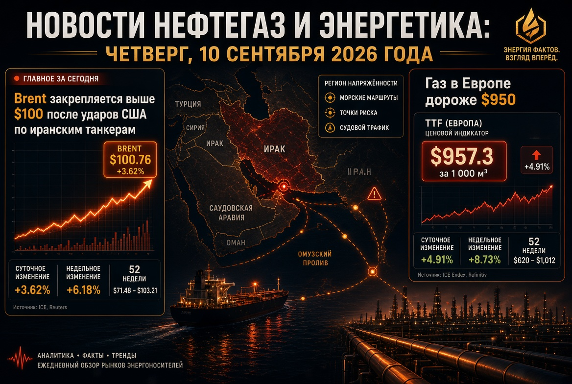 Noticias petróleo y gas: jueves, 10 de septiembre de 2026 — Brent se mantiene por encima de $100 tras ataques de EE.UU. a petroleros iraníes, gas en Europa más caro que $950