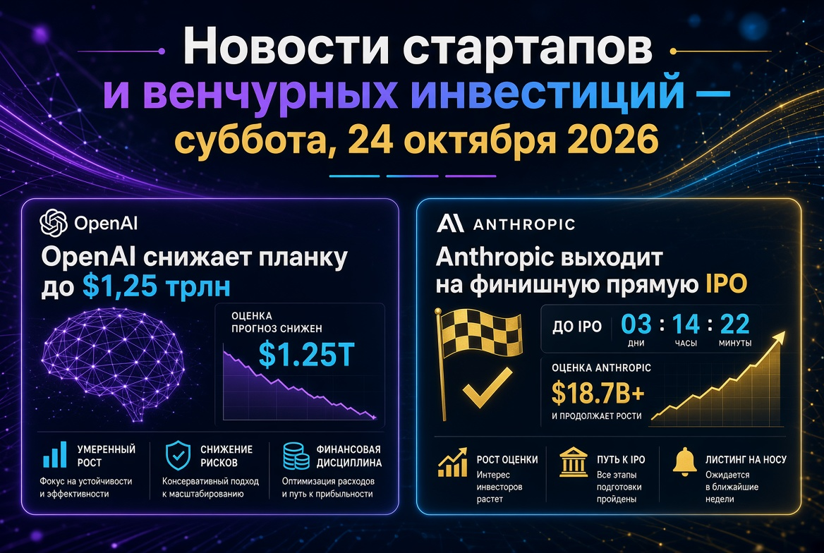 Noticias de startups e inversiones de riesgo — sábado, 24 de octubre de 2026: OpenAI reduce su valoración a $1.25 billones, mientras Anthropic se prepara para su IPO.