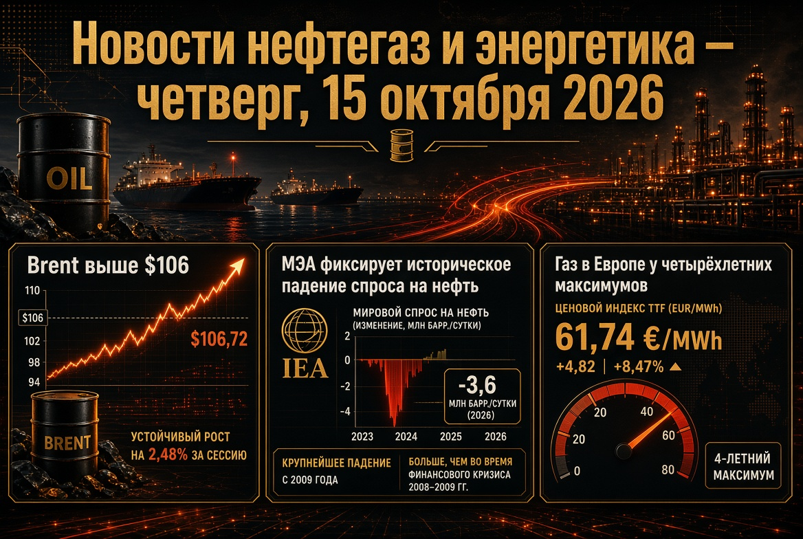 Noticias de petróleo y gas y energía — jueves, 15 de octubre de 2026: Brent por encima de $106, AIE registra una caída histórica en la demanda de petróleo, gas en Europa en máximos de cuatro años.