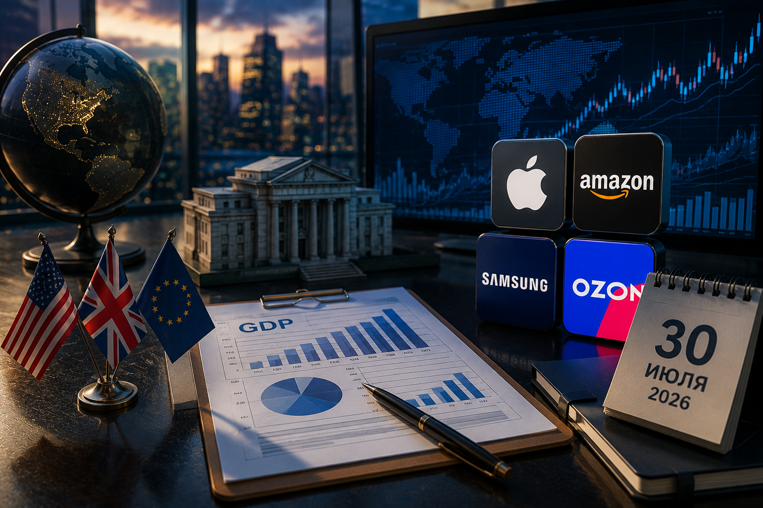 Eventos económicos e informes corporativos: jueves, 30 de julio de 2026 - PIB de EE. UU., decisión del Banco de Inglaterra, informes de Apple, Amazon, Samsung y Ozon