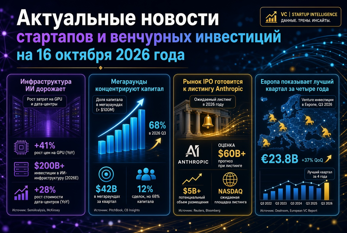 Noticias actuales de startups e inversiones del 16 de octubre de 2026: la infraestructura de IA se encarece, las megarrondas concentran capital, el mercado de IPO se prepara para la cotización de Anthropic, y Europa muestra el mejor trimestre en cuatro añ