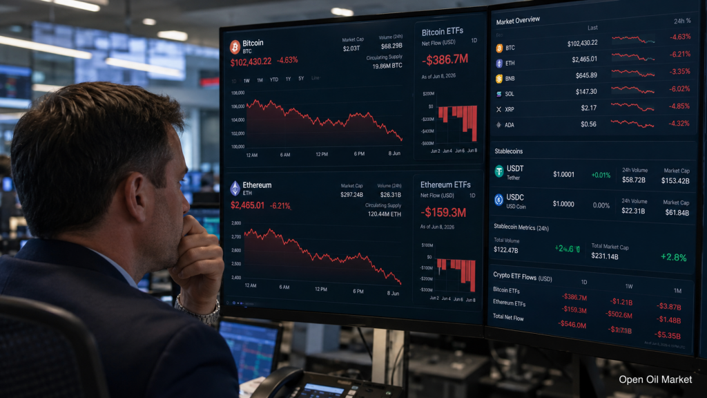 Mercado de criptomonedas 8 de junio de 2026: Bitcoin bajo presión, Ethereum desciende, stablecoins fortalecen sus posiciones.