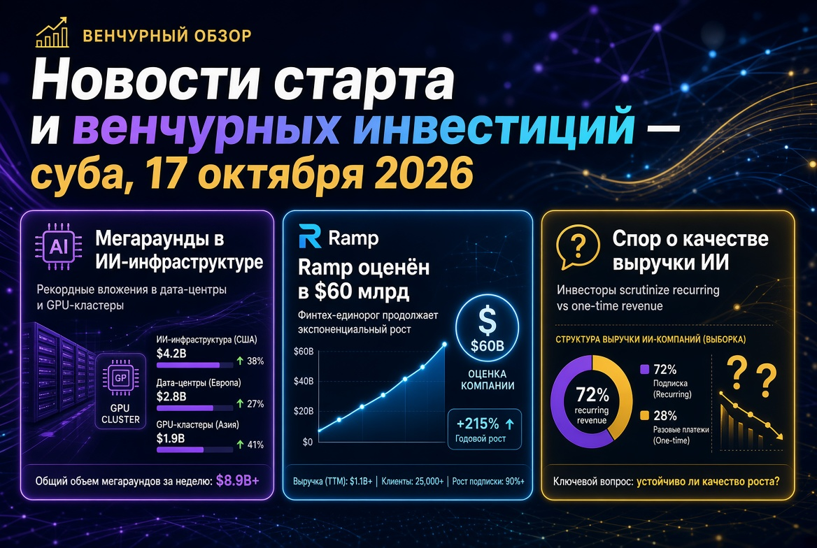 Noticias de startups e inversiones de capital de riesgo — sábado, 17 de octubre de 2026: megarrondas en infraestructura de IA, Ramp valorada en $60 mil millones y debate sobre la calidad de los ingresos de IA