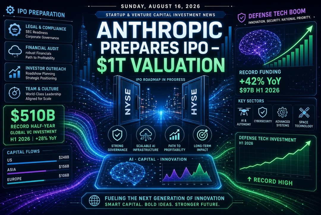 Noticias de startups e inversiones de capital de riesgo — domingo, 16 de agosto de 2026: Anthropic prepara la IPO de $1 billón, récord de $510 mil millones en el semestre y auge de tecnologías de defensa.