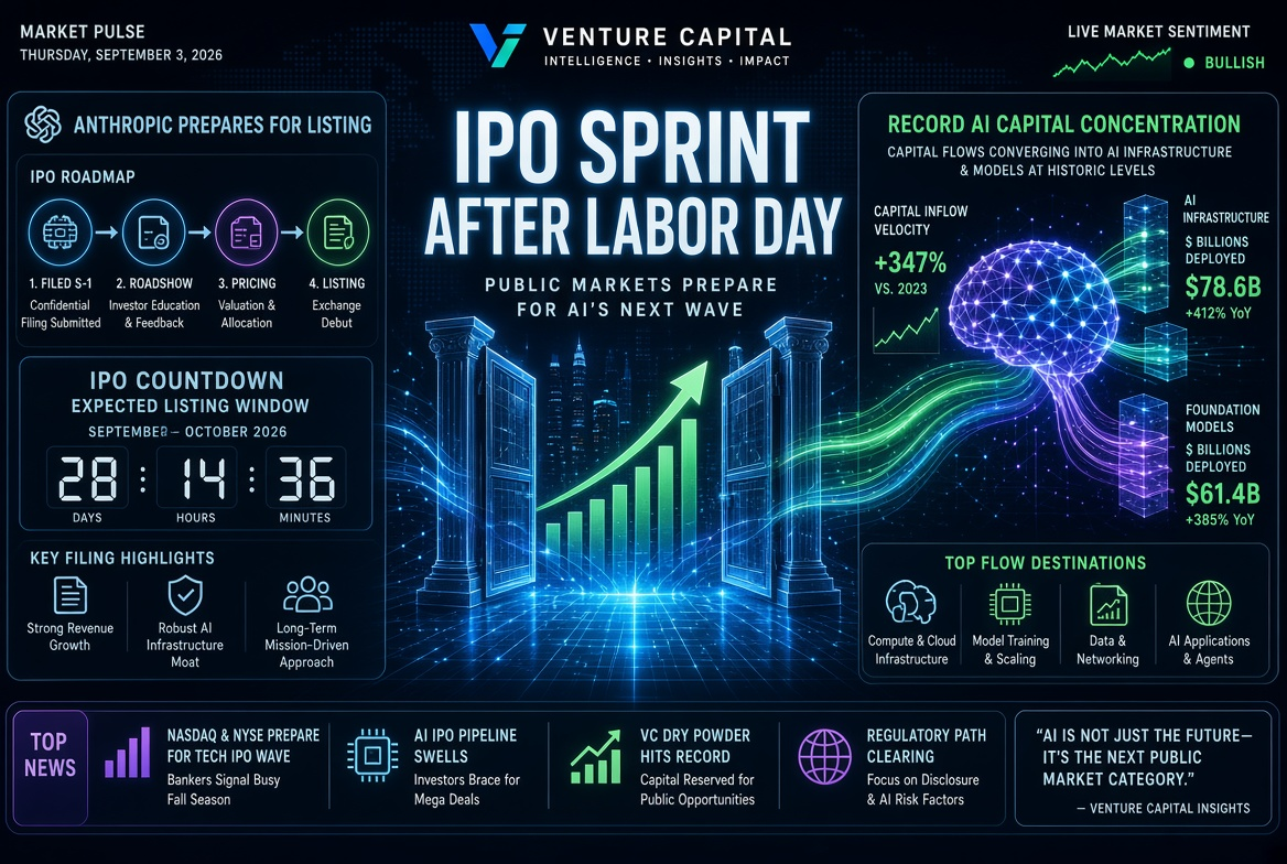 Noticias de startups y capital de riesgo - jueves, 3 de septiembre de 2026: Sprint de IPO después del Día del Trabajo, preparación de Anthropic para el listado y récord de concentración de capital en IA.