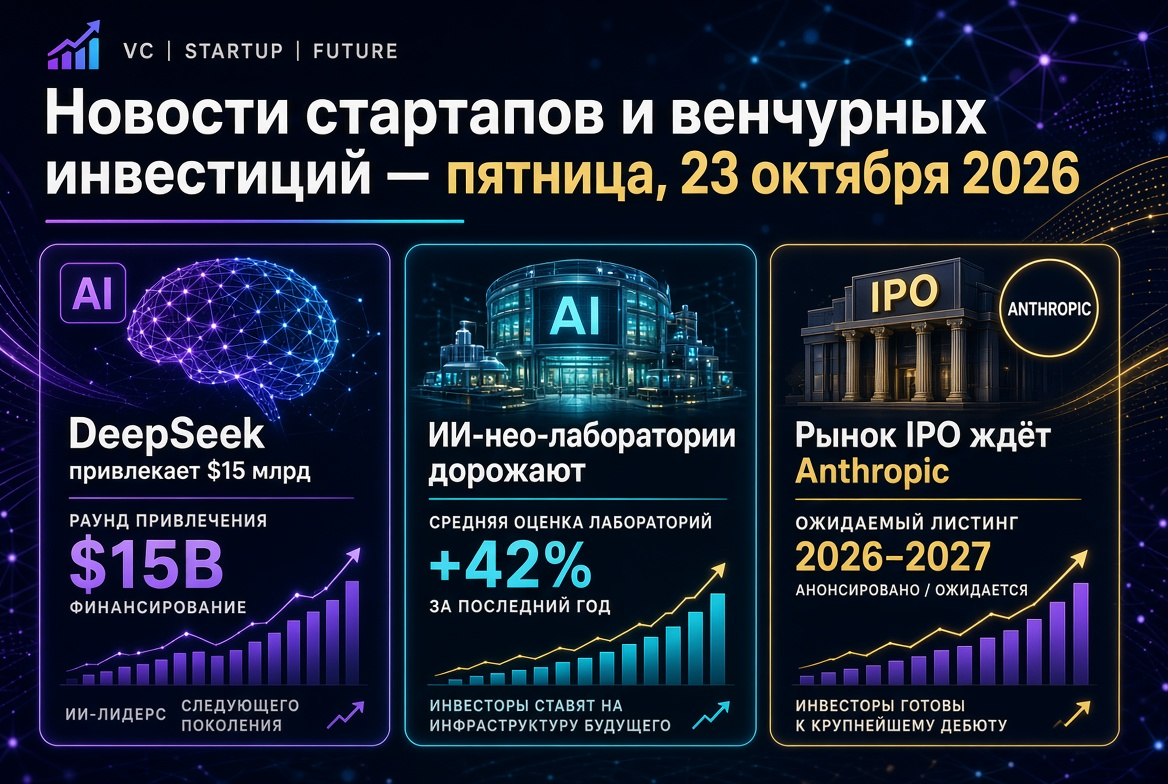 Noticias de startups e inversiones de riesgo — viernes, 23 de octubre de 2026: DeepSeek recauda $15 mil millones, los neo-laboratorios de IA se encarecen, y el mercado de OPI espera a Anthropic