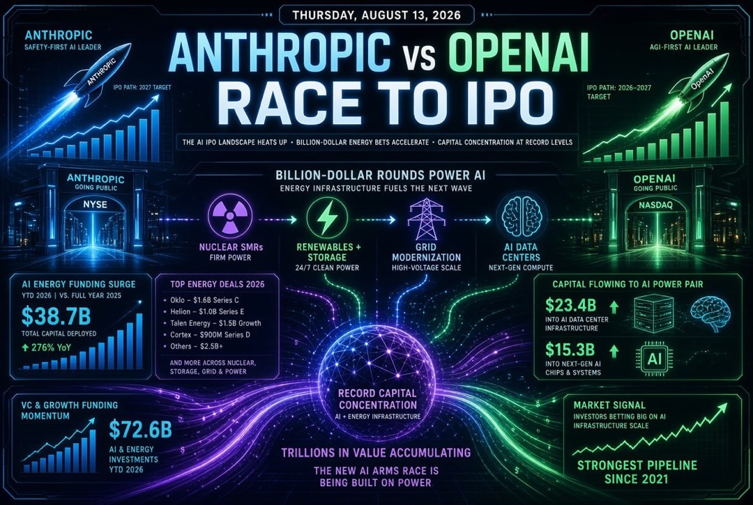 Noticias de startups e inversiones de capital de riesgo — jueves, 13 de agosto de 2026: carrera de Anthropic y OpenAI hacia la bolsa, rondas de miles de millones en energía para IA y concentración de capital récord