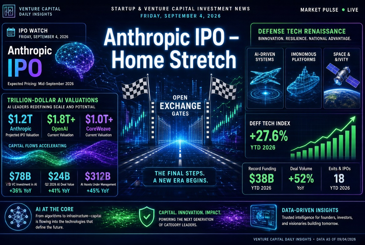 Noticias de startups e inversiones de riesgo — viernes, 4 de septiembre de 2026: recta final de la IPO de Anthropic, valoraciones billonarias de IA y renacimiento de tecnologías defensivas