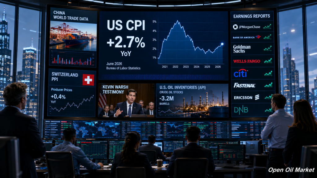 Mercados globales 14 de julio de 2026 — CPI de EE. UU., estadísticas de China, reservas de petróleo API y reportes de JPMorgan, Bank of America, Goldman Sachs, Wells Fargo y Citigroup