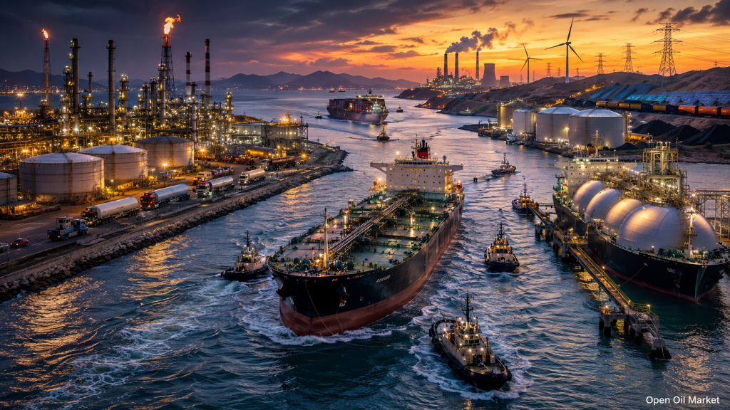 Mercado energético mundial 19 de julio de 2026: buque tanque de petróleo, terminal de GNL, refinería, plantas eléctricas, energías renovables y logística de carbón.