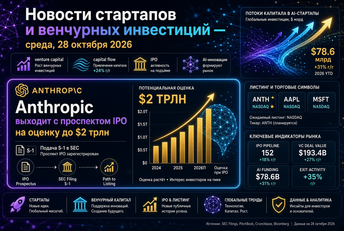 Noticias de startups y inversiones de capital de riesgo — miércoles, 28 de octubre de 2026: Anthropic presenta su prospecto de OPI con una valoración de hasta $2 billones