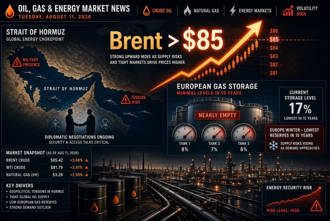 Noticias de petróleo y gas y energía — martes, 11 de agosto de 2026: Brent superó $85 en medio de las negociaciones sobre el estrecho de Ormuz, Europa se enfrenta a un invierno con las reservas de gas más bajas en 15 años.