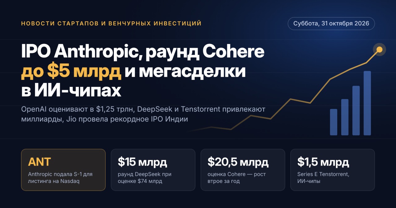 Noticias de startups y capital riesgo — sábado 31 de octubre de 2026: salida a bolsa de Anthropic, ronda de Cohere de hasta 5.000 millones de dólares y megacoperaciones en chips para IA