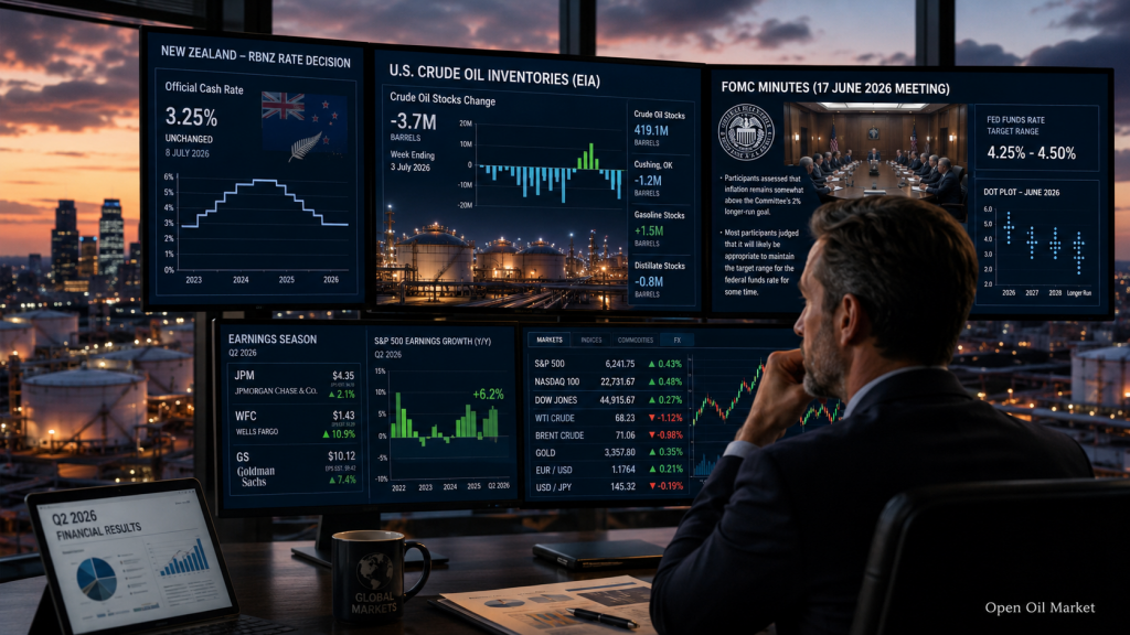 Eventos económicos e informes corporativos, miércoles 8 de julio de 2026: tasa RBNZ, reservas de petróleo EIA y minutas FOMC