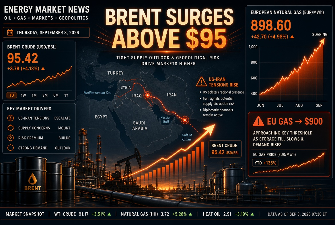 Noticias de petróleo y gas - jueves 3 de septiembre de 2026: escalada de EE.UU. e Irán eleva Brent por encima de $95, gas en Europa se encarece a $900