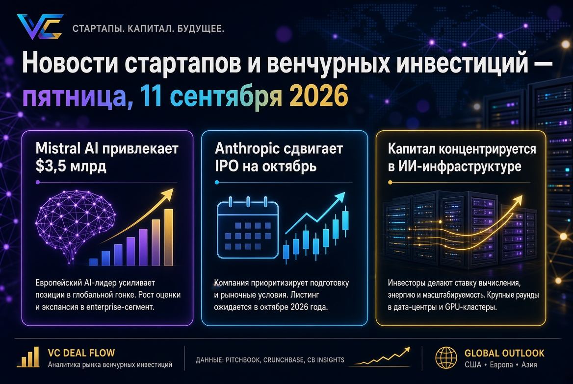 Noticias de startups e inversiones de capital de riesgo — viernes, 11 de septiembre de 2026: Mistral AI atrae $3.5 mil millones, Anthropic aplaza su IPO para octubre, y el capital se concentra en infraestructura de IA.
