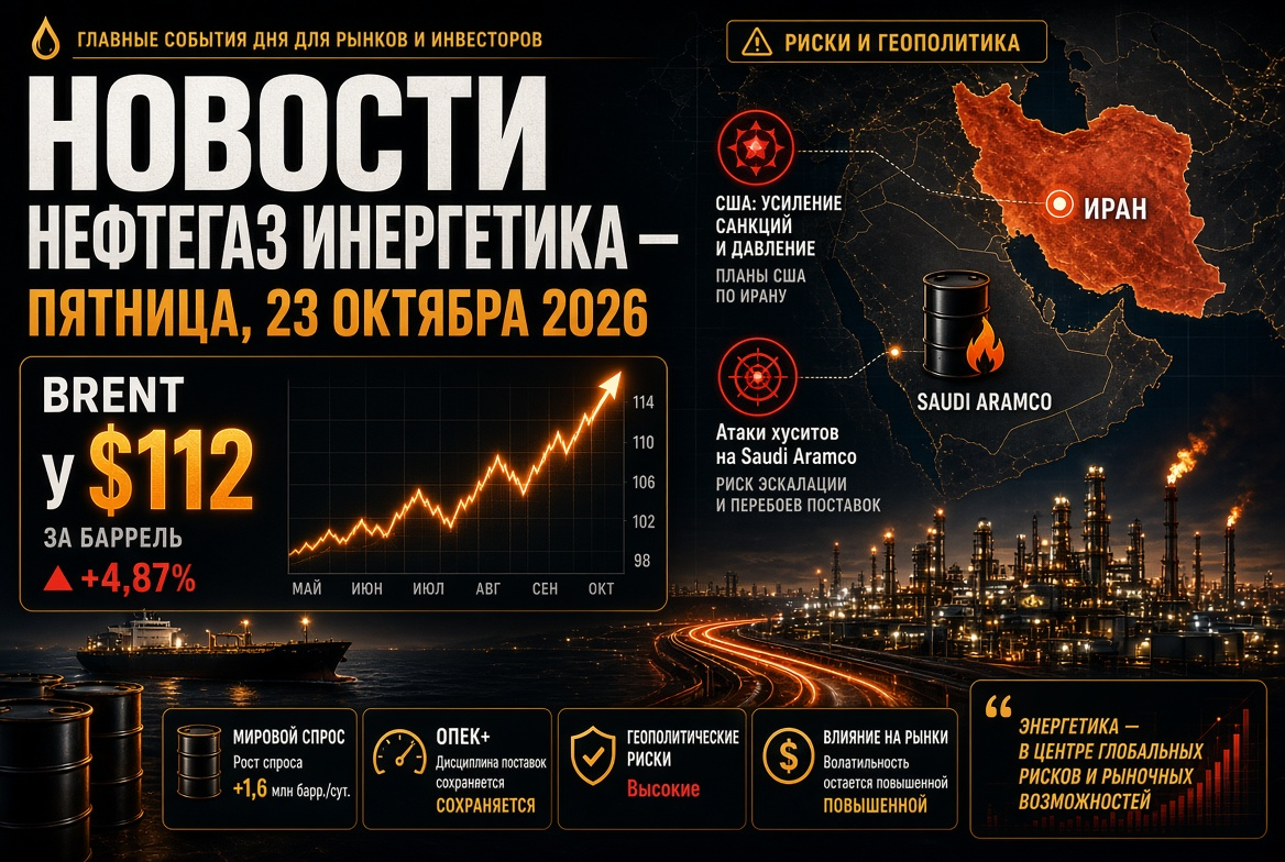 Noticias de petróleo y energía — viernes, 23 de octubre de 2026: Brent a $112 en medio de los planes de EE. UU. sobre Irán y los ataques hutíes a Saudi Aramco