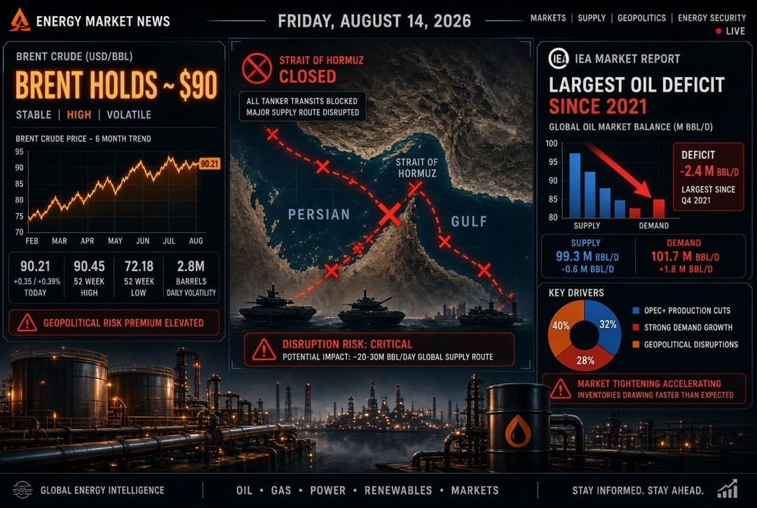 Noticias de petróleo y energía — viernes, 14 de agosto de 2026: Brent se mantiene en $90 en medio del cierre del estrecho de Ormuz; AIE registra el mayor déficit de petróleo desde 2021.