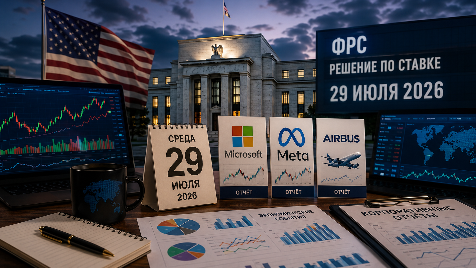 Eventos económicos e informes corporativos: miércoles, 29 de julio de 2026 — decisión de la Reserva Federal sobre la tasa, informes de Microsoft, Meta y Airbus