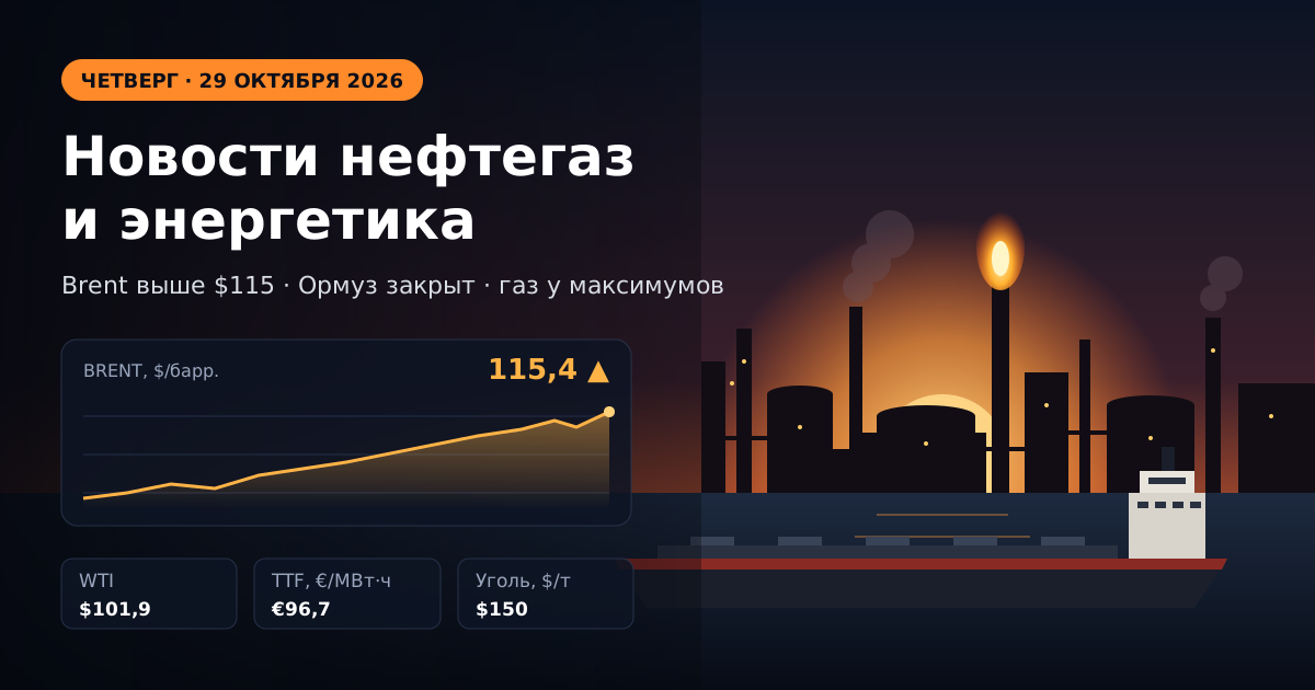 Noticias de petróleo, gas y energía — jueves, 29 de octubre de 2026: Brent por encima de $115 tras el ataque hutí a Ras Tanura, el gas en Europa en máximos desde 2022