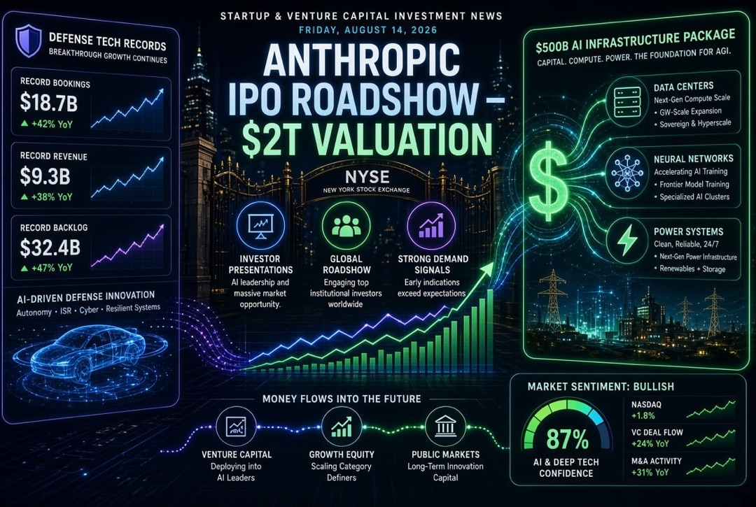 Noticias de startups y financiamiento de capital de riesgo - viernes, 14 de agosto de 2026: roadshow de OPI de Anthropic de $2 billones, paquete de $500 mil millones para infraestructura de IA y récords en tecnologías de defensa.
