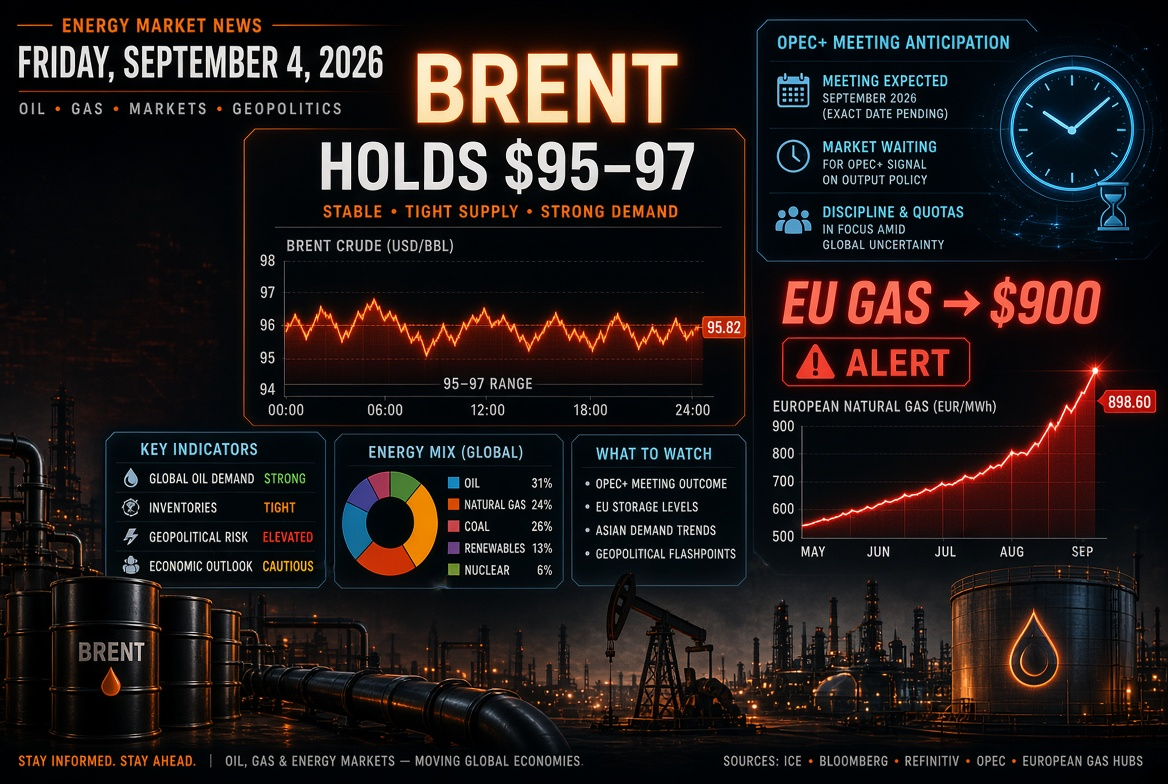 Noticias de petróleo y gas y energía — viernes, 4 de septiembre de 2026: Brent se mantiene en $95–97 a la espera de la reunión de OPEP+, gas en Europa asalta los $900