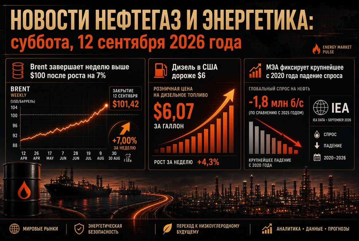 Noticias petróleo y energía: sábado, 12 de septiembre de 2026 — Brent termina la semana por encima de $100 tras un aumento del 7%, diésel en EE. UU. más caro que $6, AIE registra la mayor caída en la demanda desde 2020