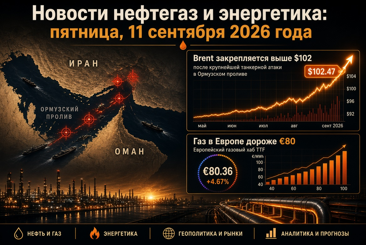 Noticias de petróleo y energía: viernes 11 de septiembre de 2026 — Brent se establece por encima de $102 tras el mayor ataque a petroleros en el estrecho de Ormuz, el gas en Europa más caro que €80.