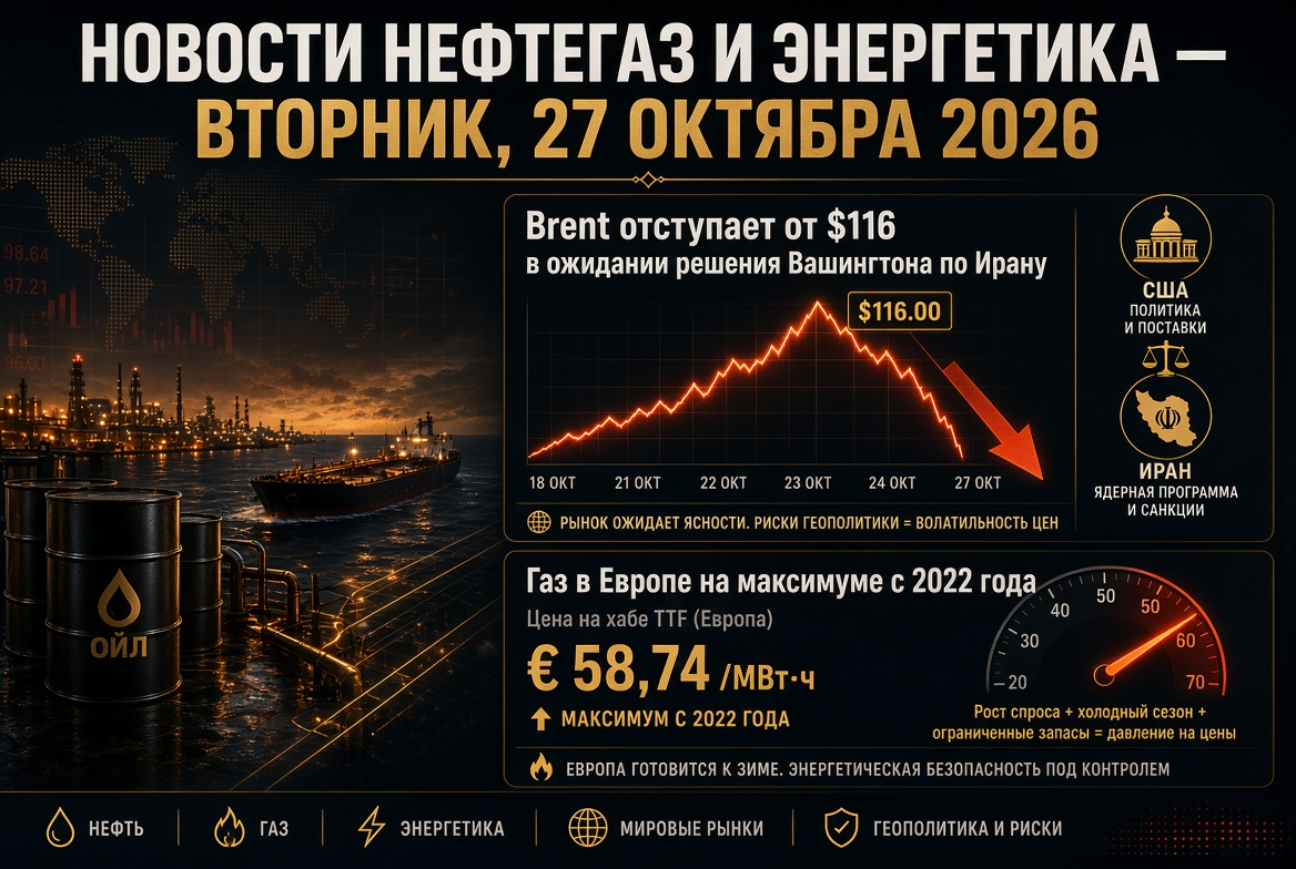 Noticias de petróleo y gas y energía — martes, 27 de octubre de 2026: Brent retrocede de $116 a la espera de decisión de Washington sobre Irán, gas en Europa en máximo desde 2022